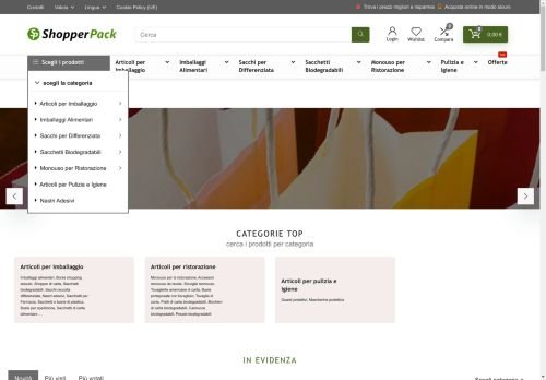 E-commerce già avviato forniture commerciali, prodotti packaging e imballaggi, ma predisposto per qualsiasi tipo di prodotti